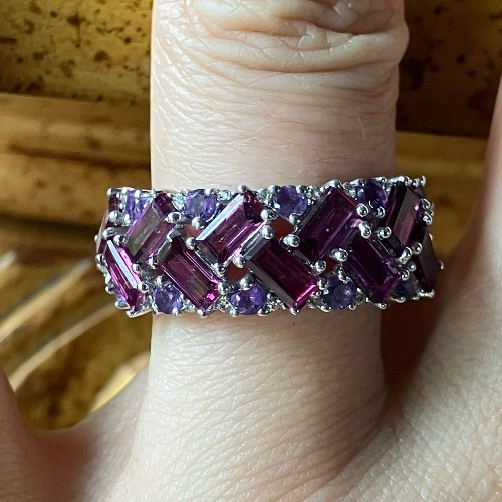 Natural Rhodolite Garnet Amethyst Sterling Silver Ring Size 7